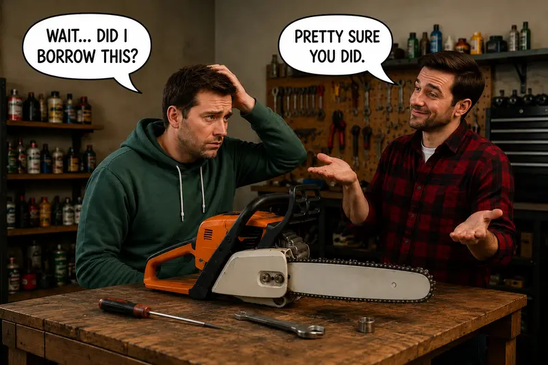 Two men looking at a chainsaw; one asks wait, did I borrow this, and the other replies pretty sure you did