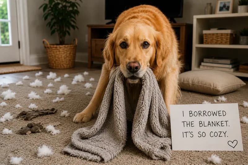 Golden Retriever holding a blanket beside a handwritten sign that says I borrowed the blanket, it's so cozy