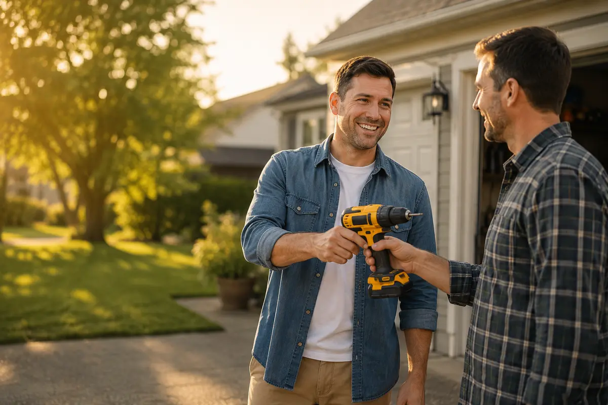 Two neighbors smiling as one hands back a borrowed cordless drill