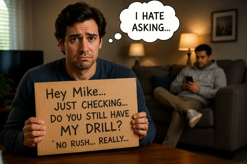 Reluctant man holding a cardboard sign asking Mike if he still has his drill, with a thought bubble that says I hate asking